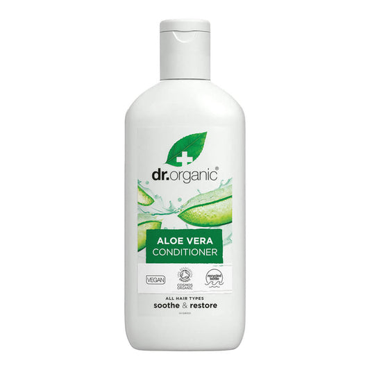 White recycled plastic bottle of Dr. Organic Aloe Vera Conditioner, soothes & restores all hair types.