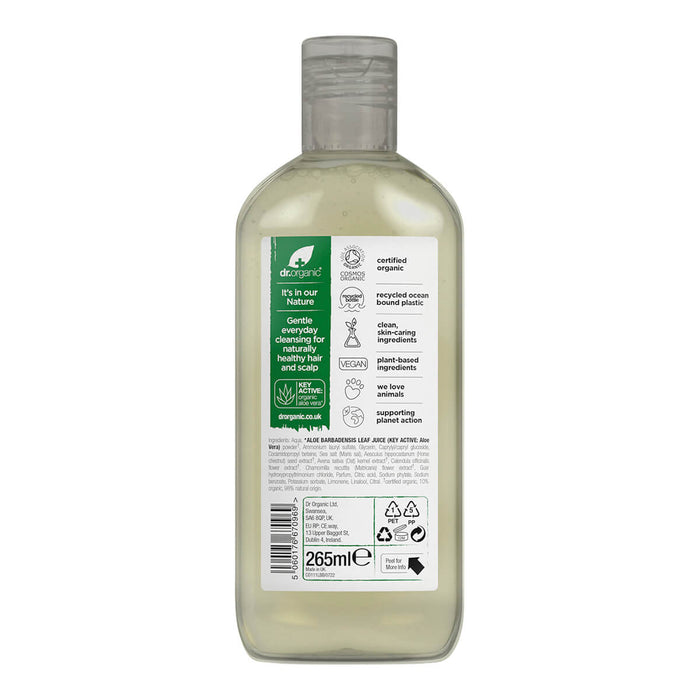 Back of 265ml bottle Dr Organic Aloe Vera Shampoo, showing ingredients.