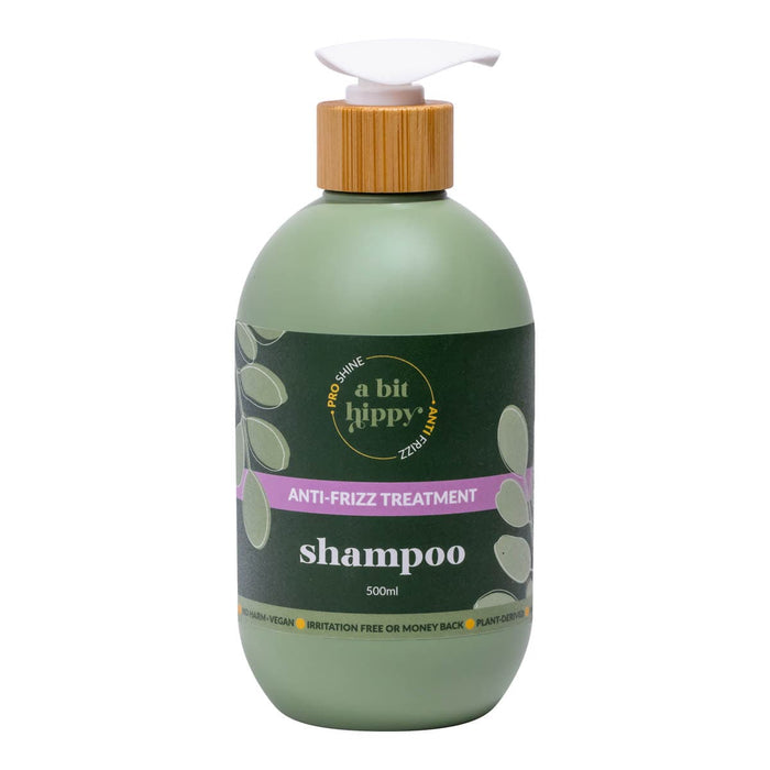 500ml green bottle of A Bit Hippy Anti-Frizz Treatment Shampoo with bamboo lid and white pump.
