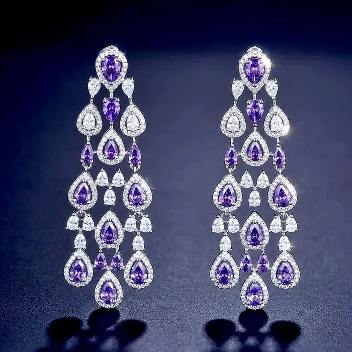 Purple Cubic Zirconia Statement Earrings | Luxury Chandelier Earrings