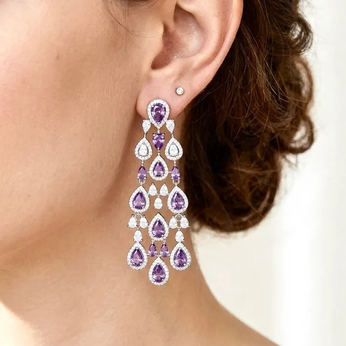 Purple Cubic Zirconia Statement Earrings | Luxury Chandelier Earrings