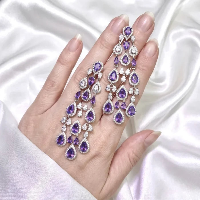 Purple Cubic Zirconia Statement Earrings | Luxury Chandelier Earrings