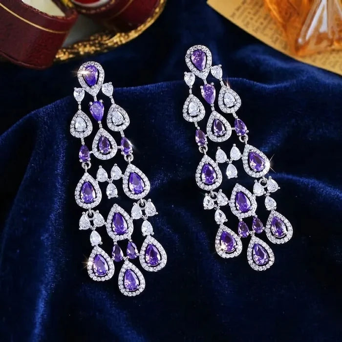 Purple Cubic Zirconia Statement Earrings | Luxury Chandelier Earrings