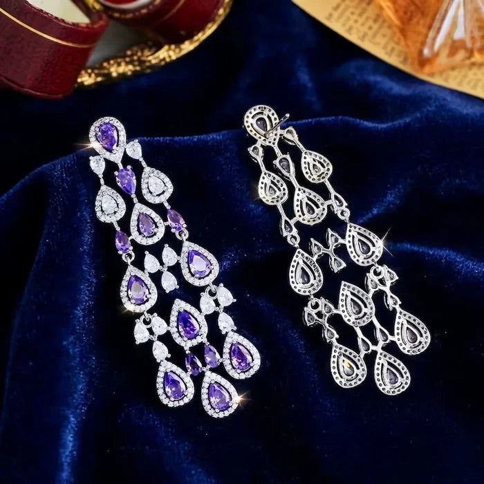 Purple Cubic Zirconia Statement Earrings | Luxury Chandelier Earrings