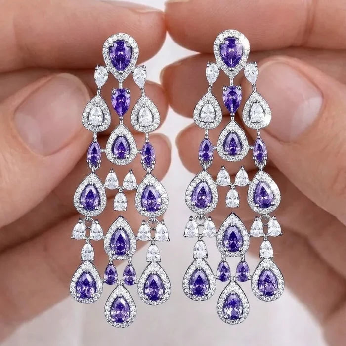 Purple Cubic Zirconia Statement Earrings | Luxury Chandelier Earrings