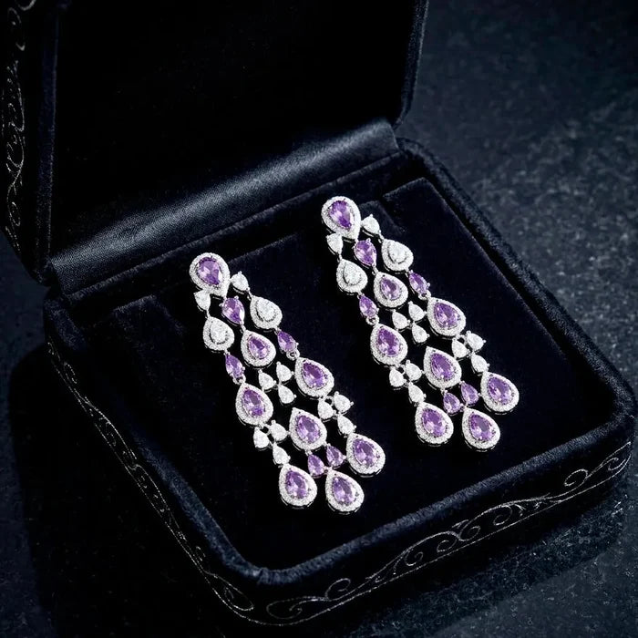 Purple Cubic Zirconia Statement Earrings | Luxury Chandelier Earrings