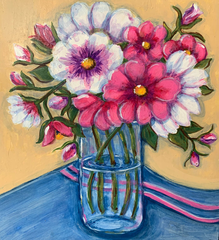 Aunt Debbie Painting #7 (pink&white flower, blue tablecloth)
