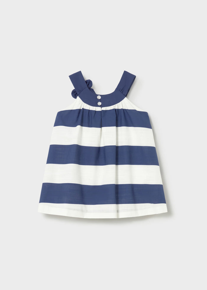Back view of Mayoral baby girl striped dress with button closure and cotton lining.