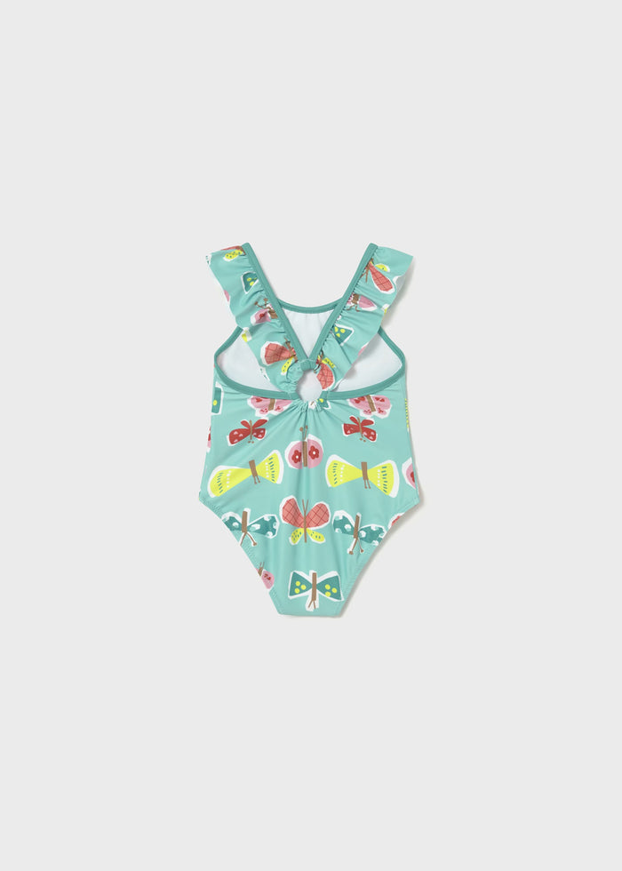 Back view of Mayoral baby girl Aqua/Multi printed swimsuit with stretch swim fabric.