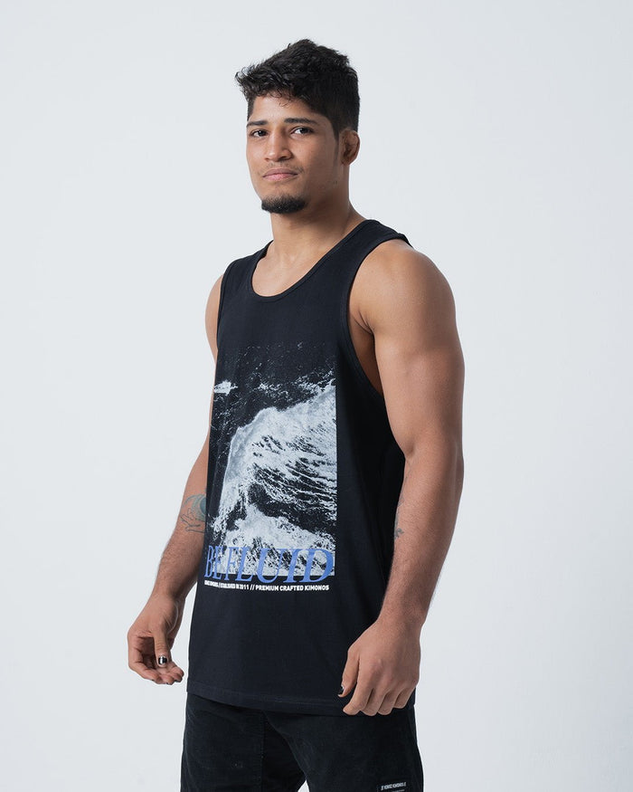 Kingz Be Fluid Tank Black - Front View Male Athlete Ocean Wave Graphic Large BE FLUID Text Sleeveless Design Casual Fit Streetwear [color:Black]