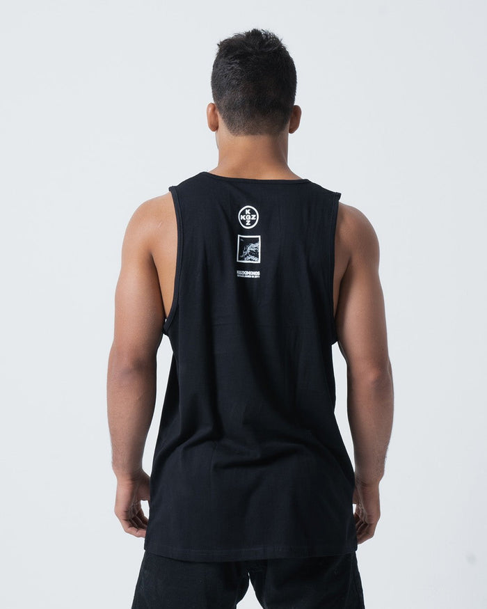 Kingz Be Fluid Tank Black - Back View Male Athlete Black Tank Top White KZ Logo Upper Back Minimalist Streetwear Design [color:Black]
