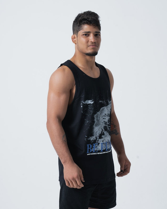 Kingz Be Fluid Tank Black - Front View Male Athlete Black Tank Top Fluid Graphic Blue BE FLUID Text Casual Streetwear [color:Black]
