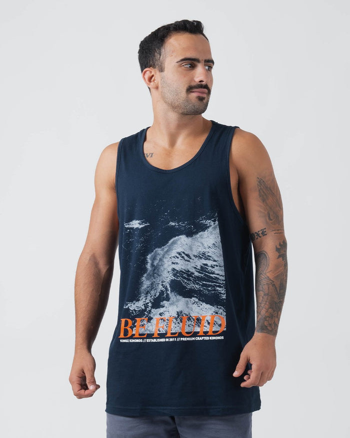 Kingz Be Fluid Tank Navy - Front View Male Athlete Ocean Wave Graphic Bold Orange BE FLUID Text Sleeveless Navy Tank Casual Streetwear [color:Navy]