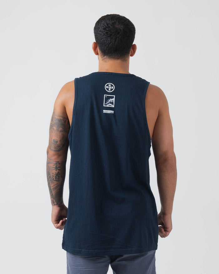 Kingz Be Fluid Tank Navy - Back View Male Athlete Navy Tank White Graphic Logos Upper Back Sleeveless Design Relaxed Fit Streetwear [color:Navy]