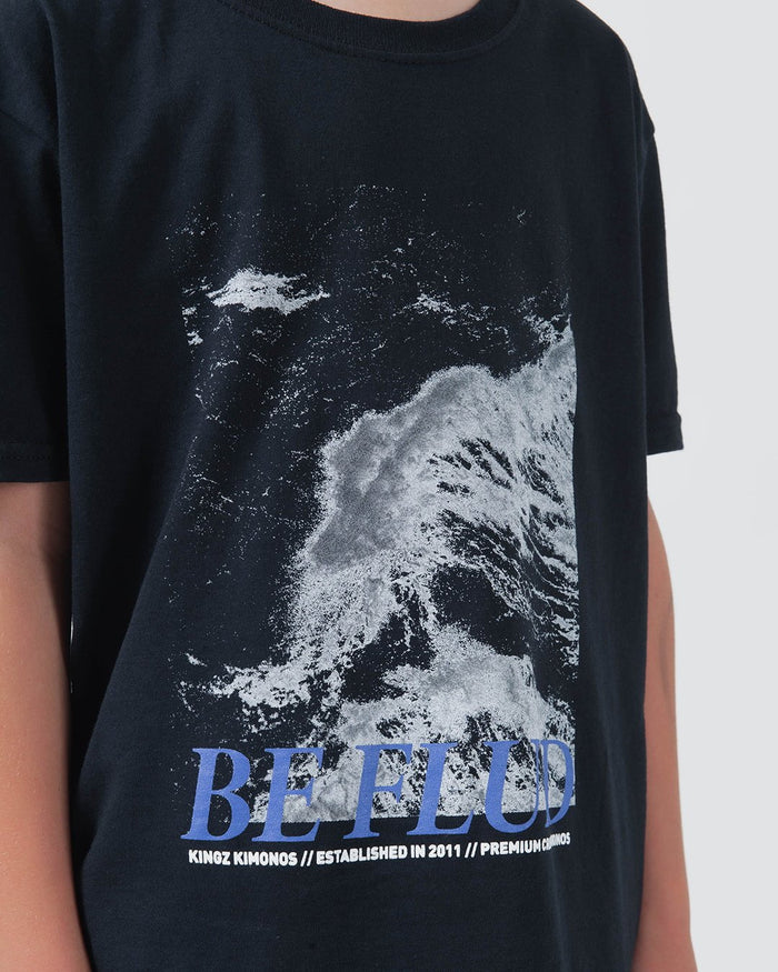 Kingz Be Fluid Youth Tee Black - Close-Up Front View Youth Ocean Wave Graphic Blue BE FLUID Text White Kingz Kimonos Established 2011 Premium Kimonos Text Streetwear [color:Black]