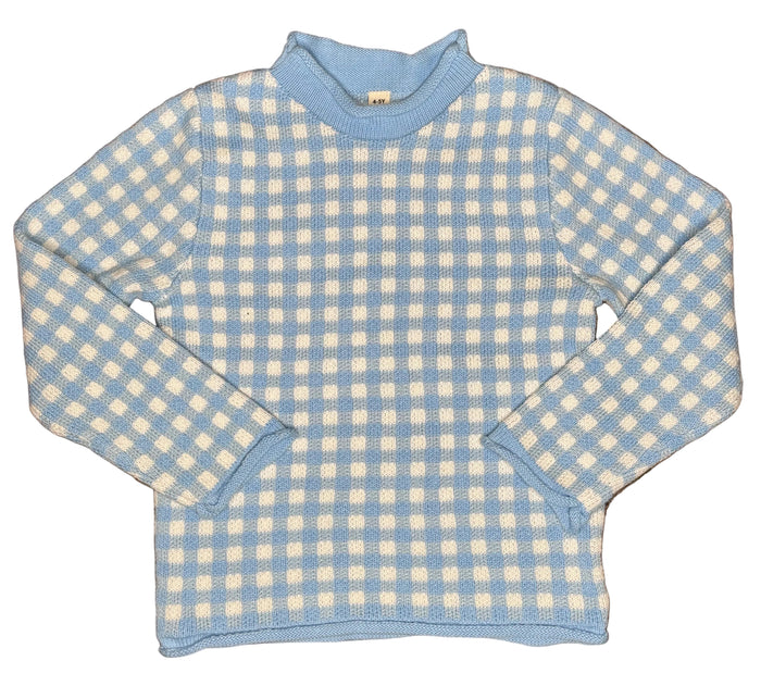 Blue Gingham Roll Neck Sweater