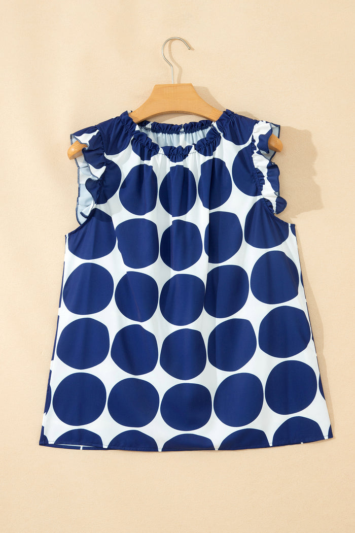 Blue Polka Dot Print Frilled Round Neck Shift Tank Top 🇺🇸