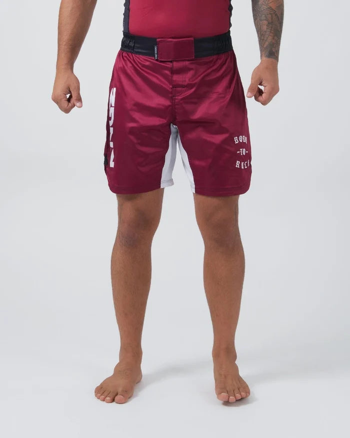 Kingz Born To Rule Shorts Maroon - Full Body Front View Male Athlete Maroon with Black Waistband White Side Panel Bold "BORN TO RULE" Text Right Thigh Grappling Shorts BJJ Training [color:Black]