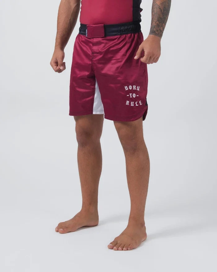 Kingz Born To Rule Shorts Maroon - Full Body Front View Male Athlete Maroon White Side Panel Black Waistband "Born To Rule" Text Right Thigh Grappling Shorts BJJ No-Gi Training [color:Black]