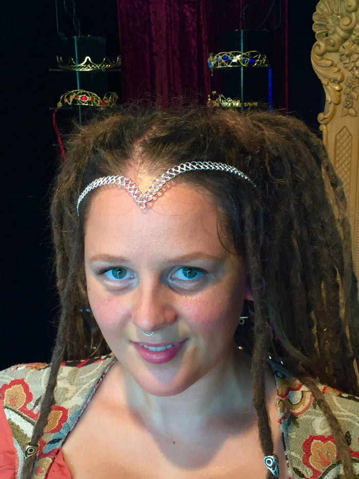 Model wearing Braided Crown - 14" Silver Wire Headpiece Festival Bridal Accessory