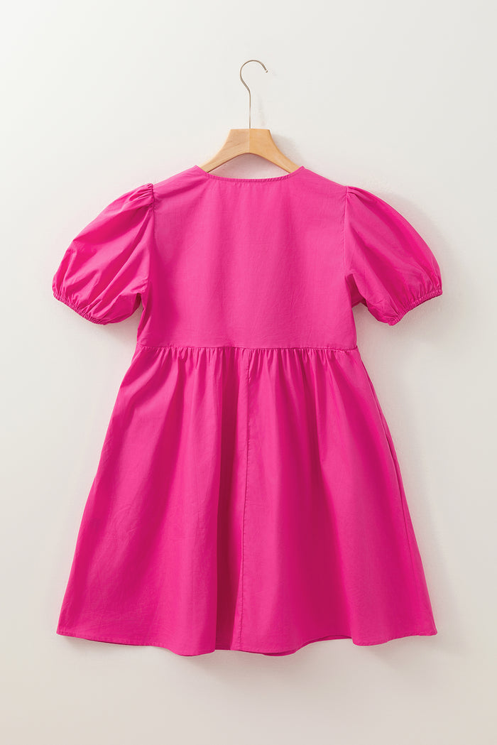 Bright Pink Solid Color Puff Sleeve Tie Front High Waist Mini Dress 🇺🇸