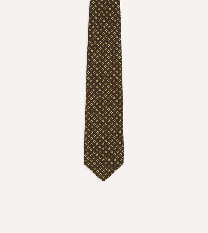 Brown Dotted Square Print Silk Self-Tipped Tie