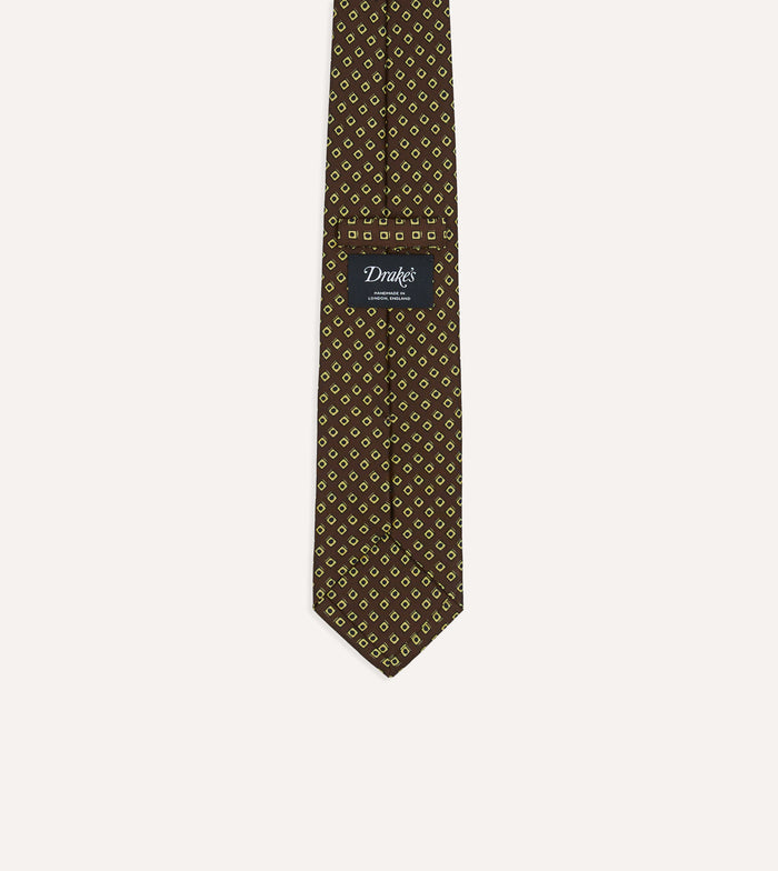Brown Dotted Square Print Silk Self-Tipped Tie