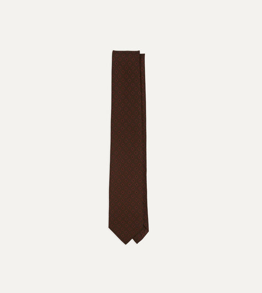 Brown Flower Tile Print Silk Self Tipped Tie
