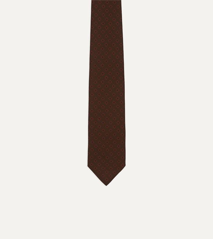 Brown Flower Tile Print Silk Self Tipped Tie