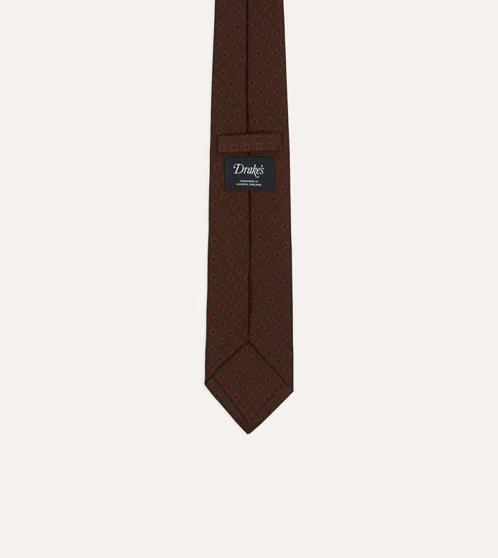 Brown Flower Tile Print Silk Self Tipped Tie