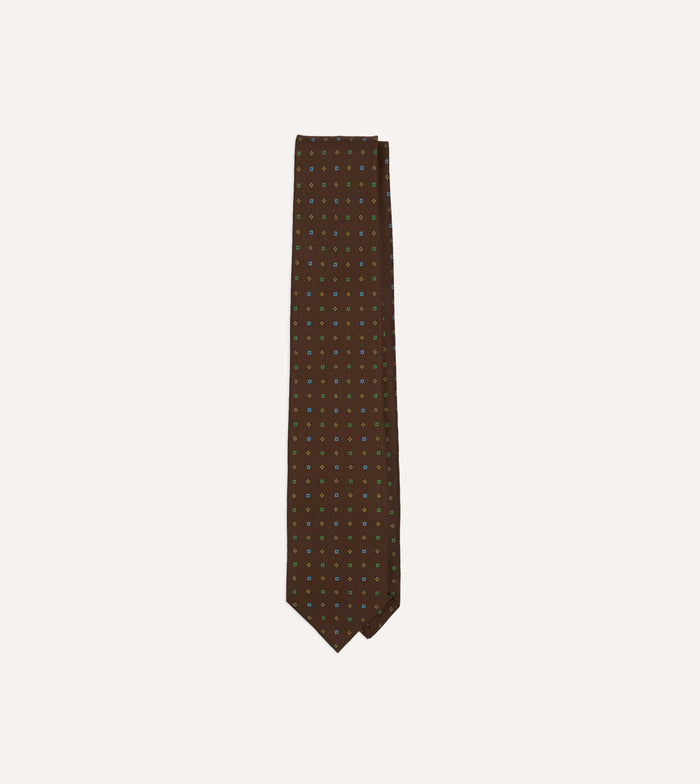 Brown Geometric Flower Print Silk Self-Tipped Tie