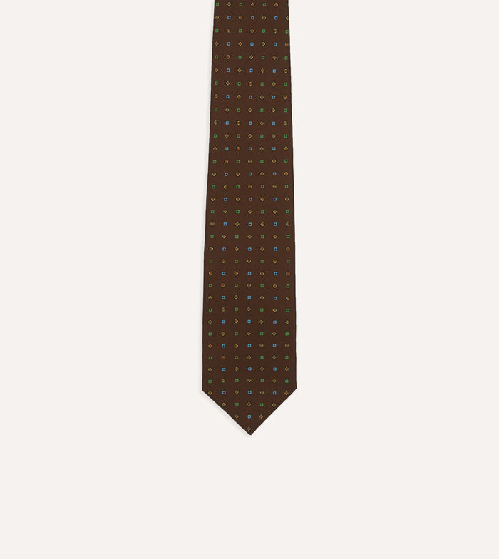 Brown Geometric Flower Print Silk Self-Tipped Tie