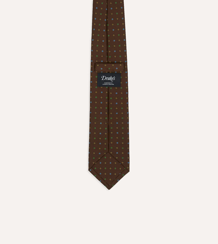 Brown Geometric Flower Print Silk Self-Tipped Tie