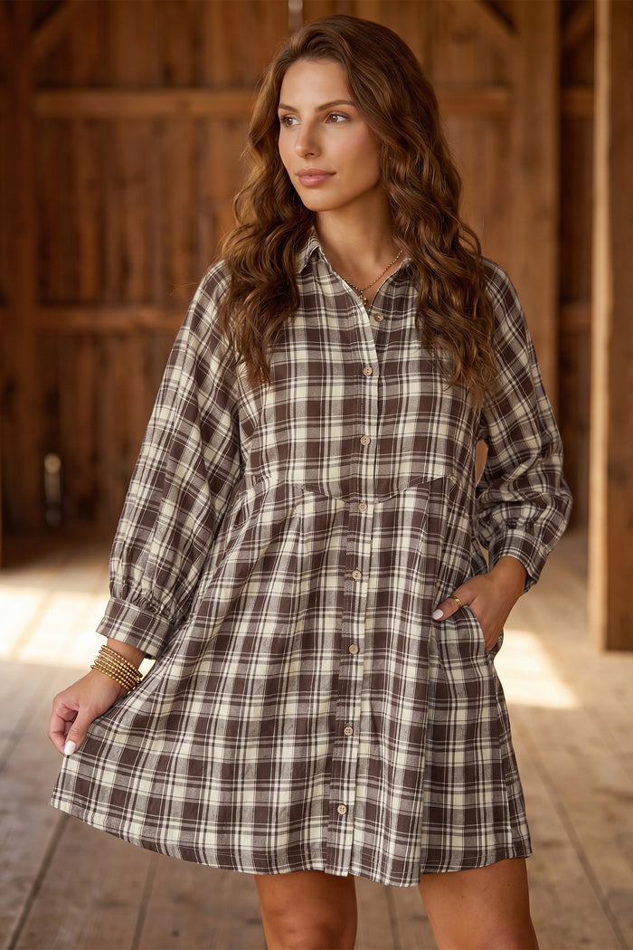 Brown Plaid Long Sleeve Short Shift Mini Dress 🇺🇸