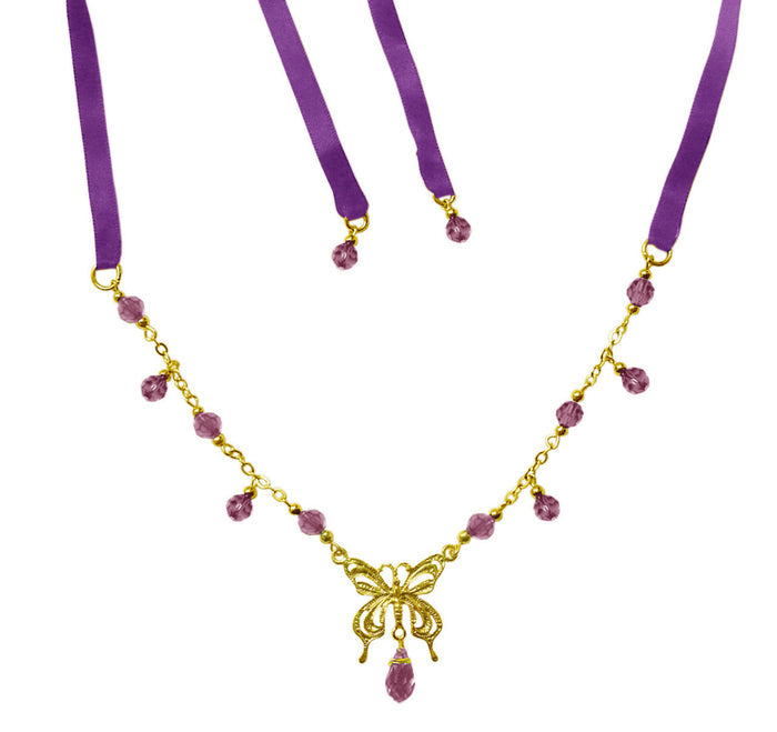 gold butterfly crown necklace with pink bead dangles tie on ribbon jewelry front view