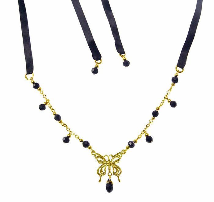 Butterfly Tie-On Crown – Adjustable Gold Ribbon Necklace front view