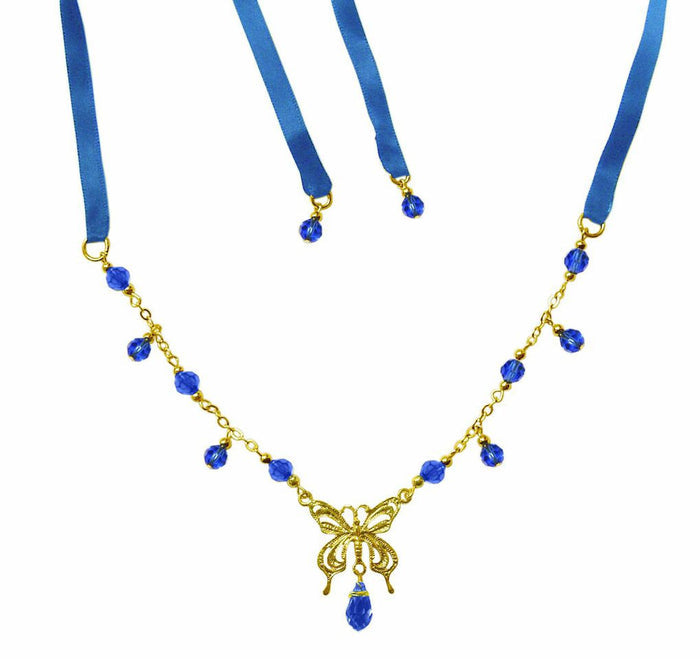 Butterfly Tie-On Crown – Adjustable Gold Ribbon Necklace front view