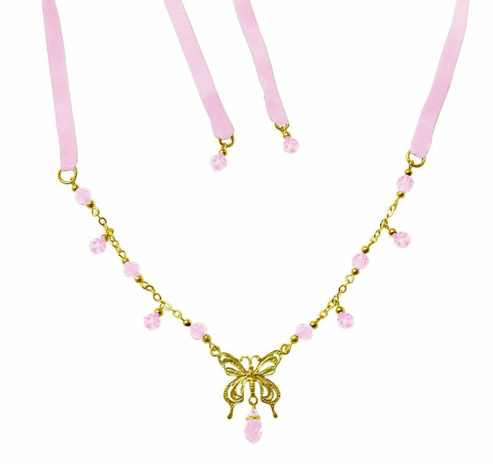 Butterfly Tie-On Crown – Adjustable Gold Ribbon Necklace front view