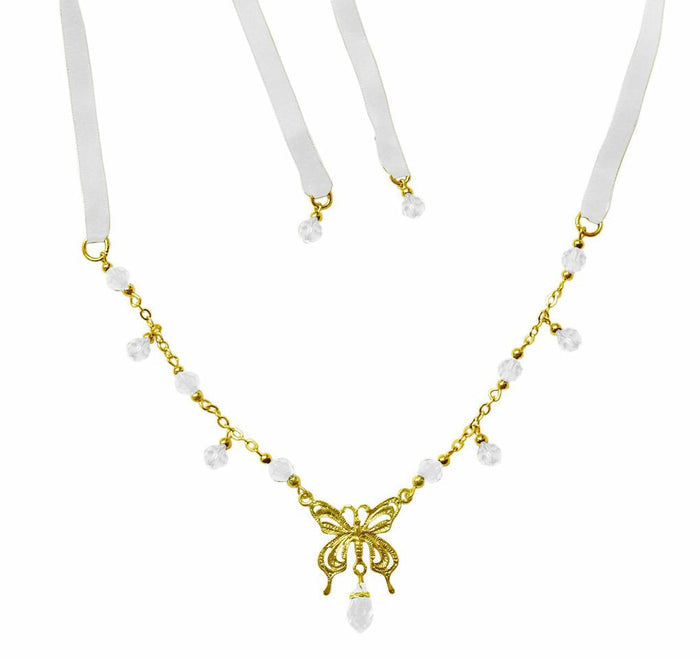 Butterfly Tie-On Crown – Adjustable Gold Ribbon Necklace front view