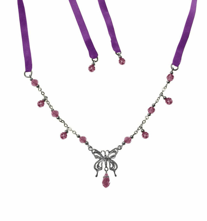 Butterfly Tie-On Crown – Silver Ribbon Crown & Necklace front view