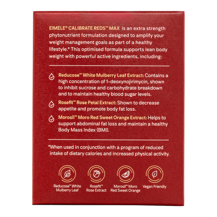 Left side of 60 capsules box eimele Calibrate Reds Max, showing description and benefits.