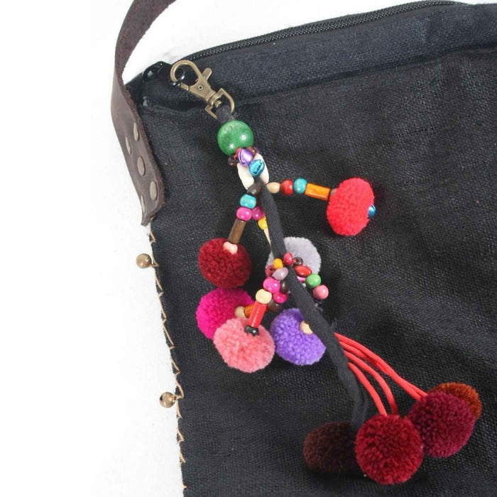 Cascade Pom Pom Keychain | Handmade Zipper Pull with Beads and Bells | Thailand