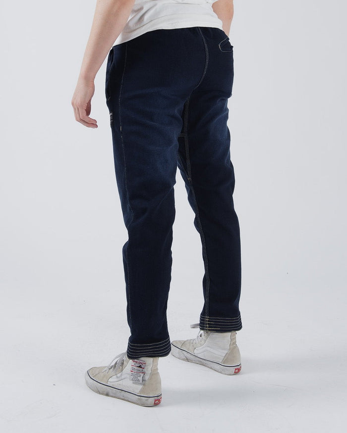 Kingz Casual Gi Pant - Denim - Back View Male Athlete Dark Blue Denim Contrast Stitching Rolled Cuffs Relaxed Fit BJJ Gi Training Apparel [color:Denim]