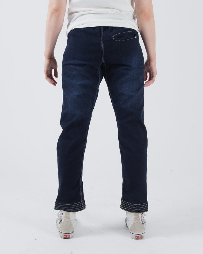Kingz Casual Gi Pant - Denim - Back View Denim Blue Contrast Stitching Single Back Pocket Full Length Relaxed Fit BJJ Gi Training Apparel [color:Denim]