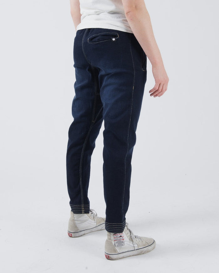 Kingz Casual Gi Pant - Denim - Back View Male Model Dark Denim Color Crown Badge Back Pocket Tapered Fit Contrast Stitching BJJ Gi Training Apparel [color:Denim]