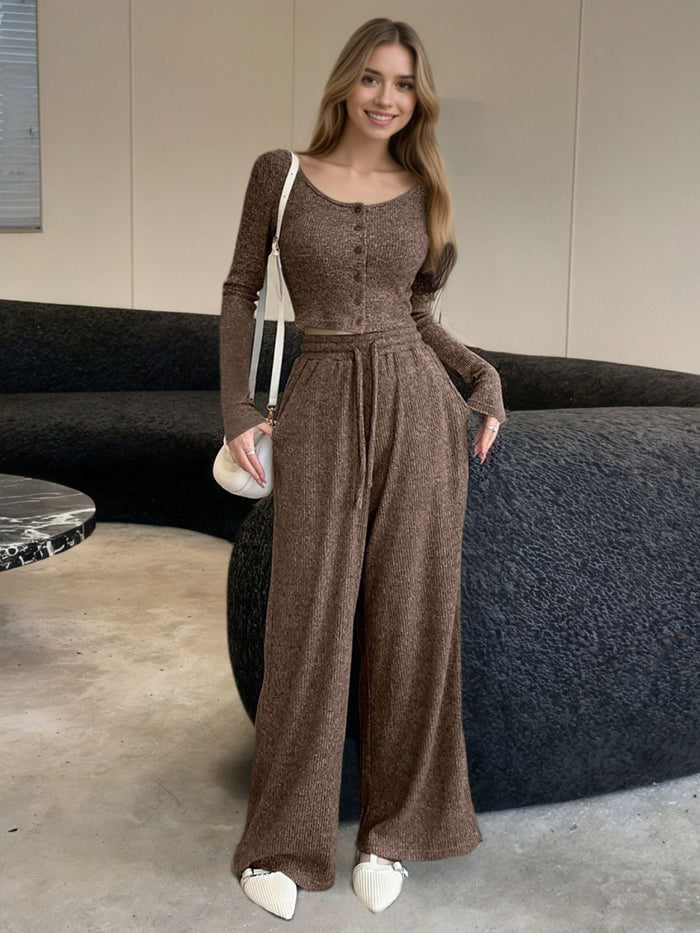 Casual Knit Long Sleeve Top and Wide Leg Pants Set