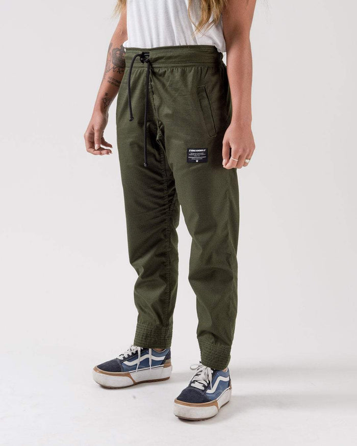 Kingz Casual Rip Stop Gi Pant Military Green - Front View Partial Body Elastic Waist Black Drawstring Patch Logo Left Thigh Tapered Cuffs Durable Fabric BJJ Gi Training [color:Military Green]