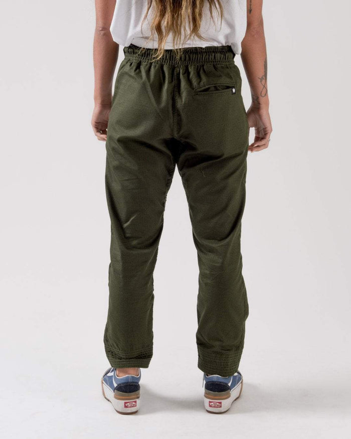 Kingz Casual Rip Stop Gi Pant Military Green - Back View Female Model Elastic Waistband Single Back Pocket Durable Rip Stop Fabric BJJ Gi Training Apparel [color:Military Green]