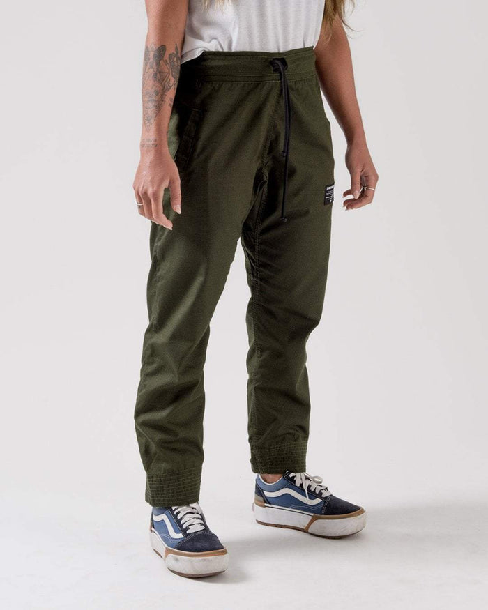 Kingz Casual Rip Stop Gi Pant Military Green - Front View Male Athlete Military Green Drawstring Waist Patch Logo Right Thigh Durable Rip Stop Fabric Tapered Fit BJJ Gi Training [color:Military Green]