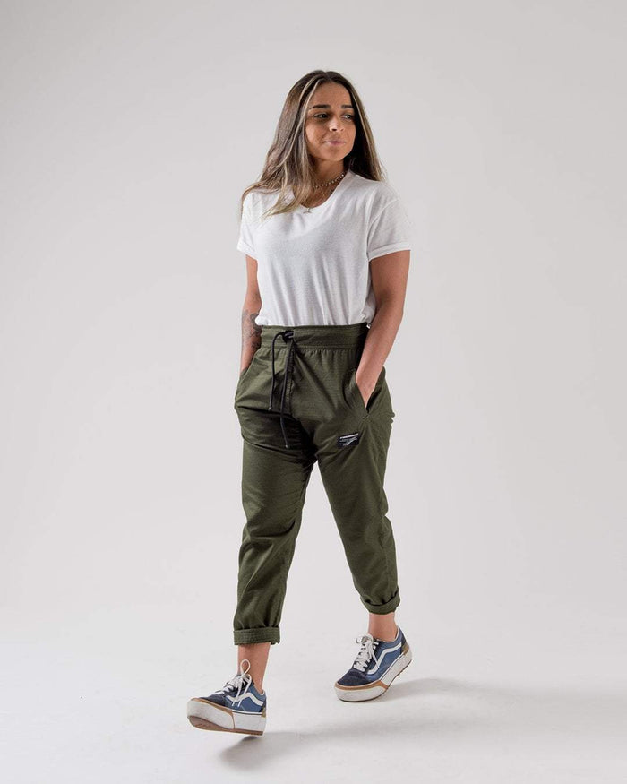 Kingz Casual Rip Stop Gi Pant Military Green - Full Body Front View Female Athlete Rolled Cuff Drawstring Waist Black Label Side Patch Relaxed Fit BJJ Gi Training [color:Military Green]